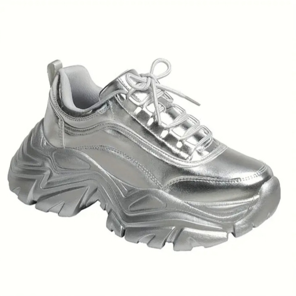 Women Silver Metallic Chunky Platform Sneakers